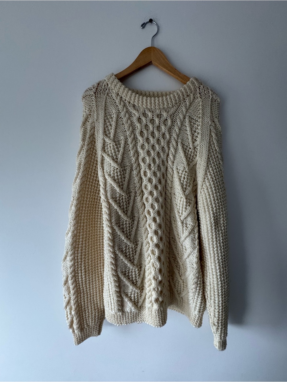Handmade Aran Cable Knit Crewneck Sweater in Cream - Picture 2 of 2